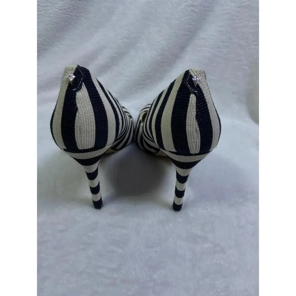 Sam Edelman black white 4" Stripe Heels Stiletto Sz. 7 M US 37 EU Women’s Canvas - Picture 4 of 11